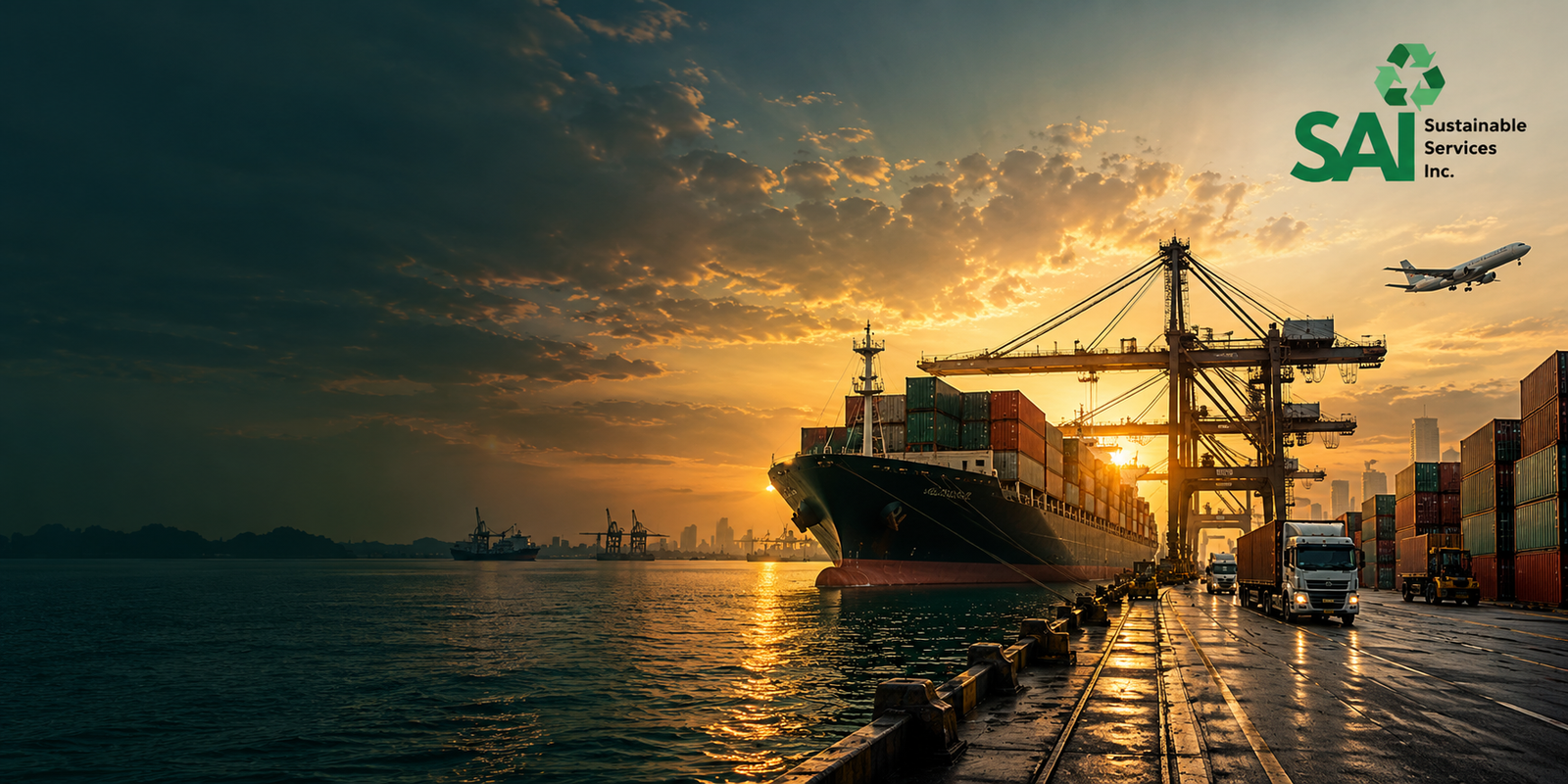 Container ship berthed beside gantry cranes at a port at sunset, with trucks carrying containers along the quay and a cargo plane overhead