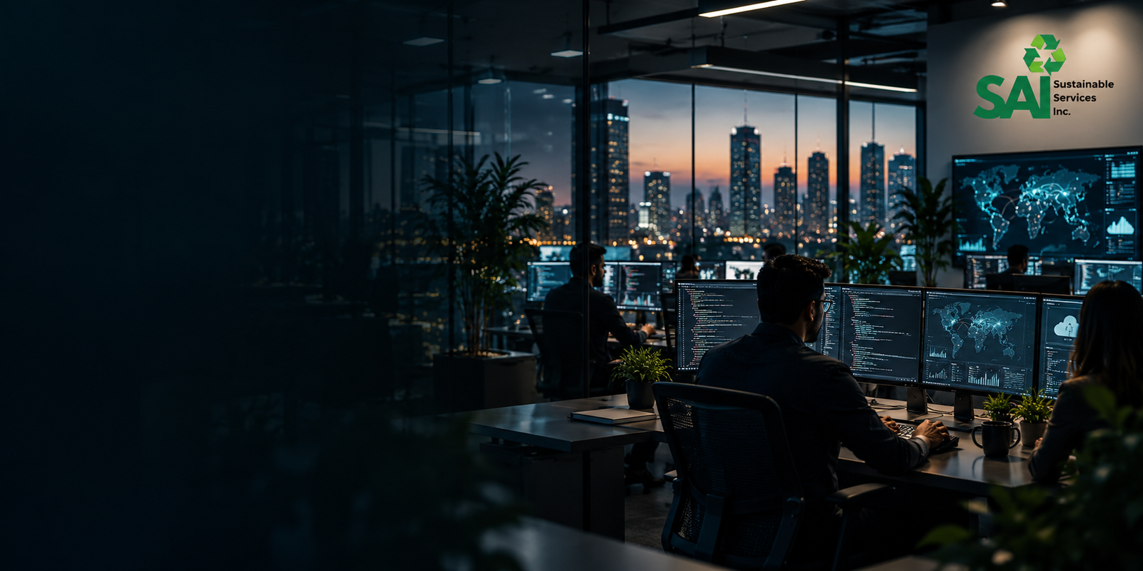 Software developers at multi-monitor desks in a dark office overlooking a city skyline at dusk, with data dashboards on screen