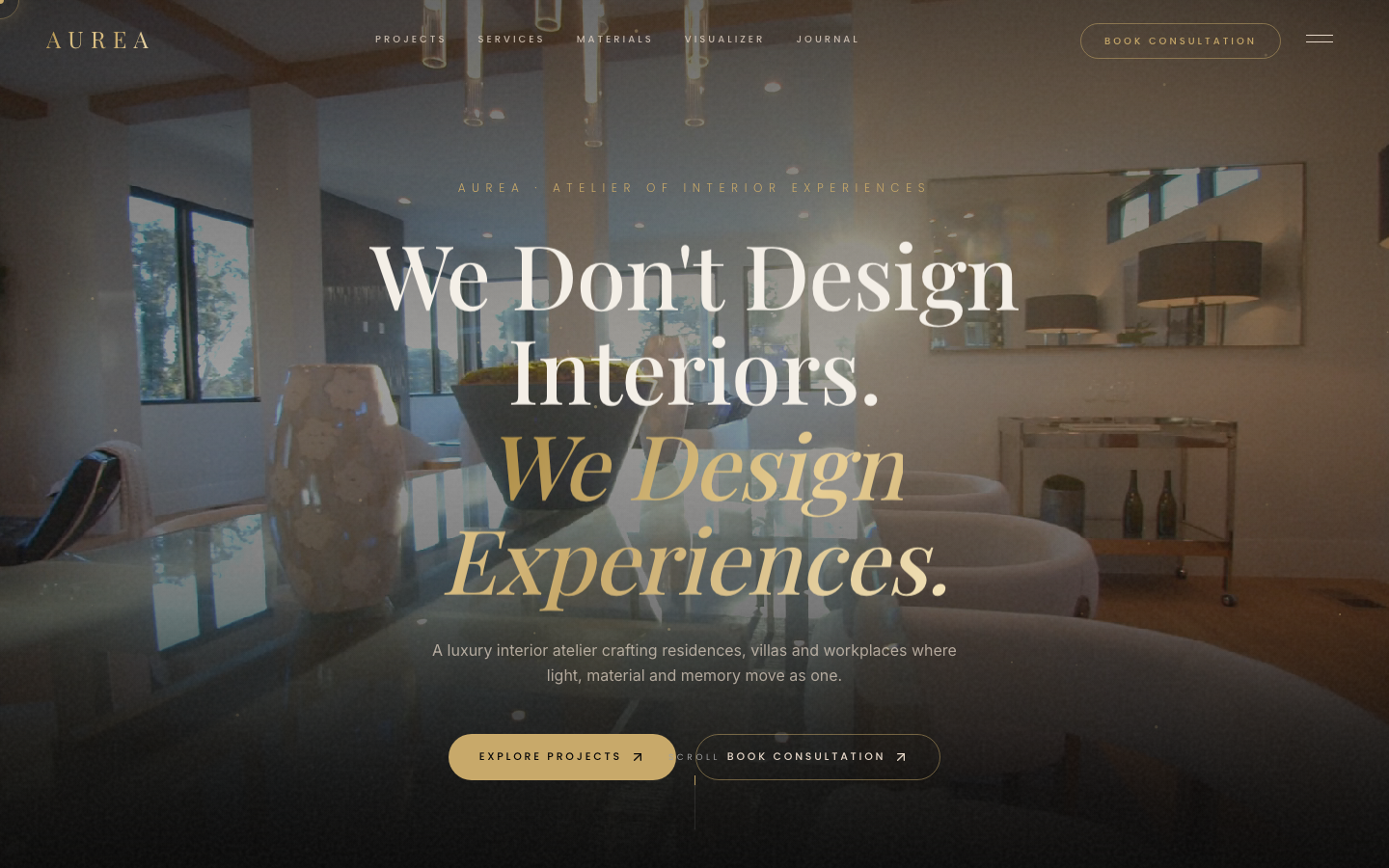 AUREA Interiors homepage — full-bleed interior with editorial display typography
