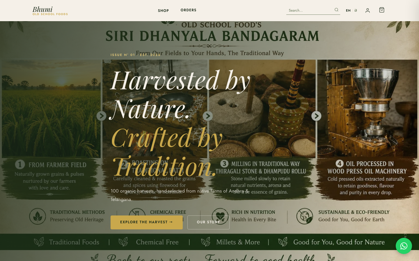 Bhumi Old School Foods homepage — editorial hero introducing traditional harvesting and milling