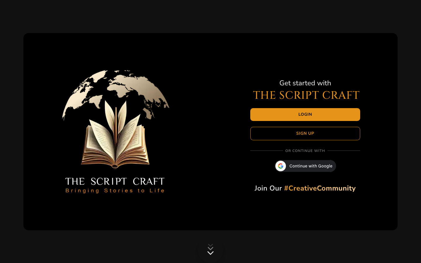 The Script Craft entry screen — login, sign up and federated sign-in for the creative community